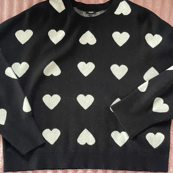 Express Sweaters - Express Black Crewneck Sweater with White Heart Motif